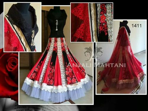 1411 - Net & Georgette Black & Red Fancy Lehanga | Sleeveless, Embroidered, Washable, All Season, Ethnic Indian Wear, Dry Clean, No Fade