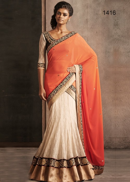 1416 - Georgette & Net Fabric Lehanga | Orange & Half White, Embroidered, 3/4 Sleeve, Washable, All Season, Heavy Work, Free Size, Indian Ethnic Design