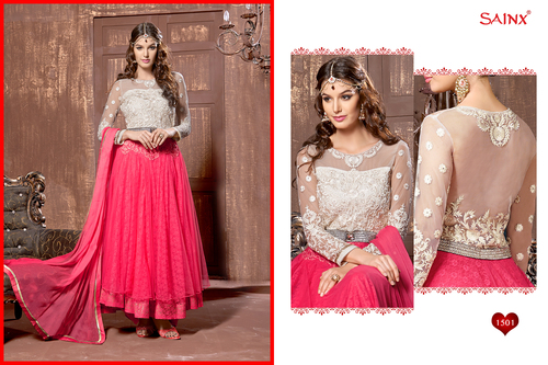 1501 - Net & Jacquard, Free Size | Pink & Half White Stylish Ethnic Anarkali Suit, Full Sleeves, Washable, Suitable for All Seasons