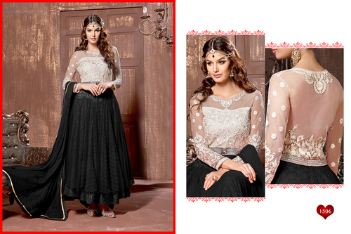 1506 - Net & Jacquard Material, Free Size | Black & Half White Color, Full Sleeves, Embroidered Pattern, All Season Wear