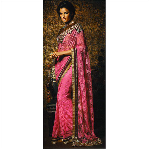 Designer Saree - Silk Blend, 5.5 Meters, Pink | Elegant Design, Zari and Stone Embroidery, Handcrafted