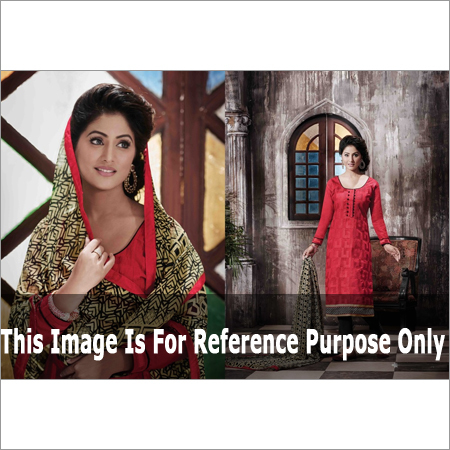 Fancy Red Printed Suit - Chanderi Cotton, Upto 42, Red Top with Black Bottom, Chiffon Printed Dupatta, 3/4 Sleeves, Unstitched