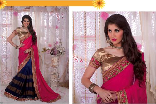 गोल्डन नेवी गुलाबी कढ़ाई बॉर्डर साड़ी