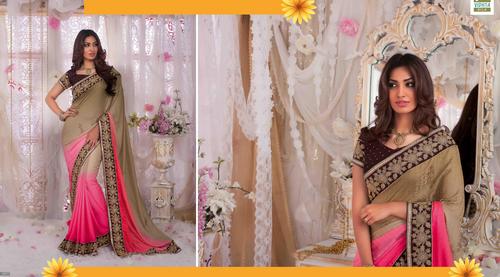 Golden Beige Pink Embroidered Border Saree - Georgette, Net, Jacquard Fabric, 5.5 Meters | Embroidered Blouse, Lace Border, Elegant Design, Stylish Drape