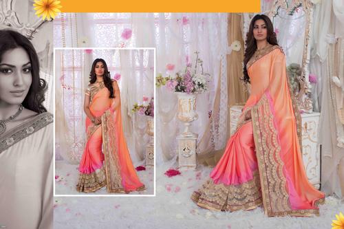 Golden Peachy Embroidered Border Saree