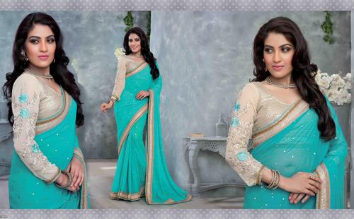 Crazy Look Silver Aqua Embroidered Blouse Saree
