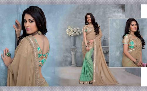 Crazy Look Beige Aqua Embroidered Blouse Saree