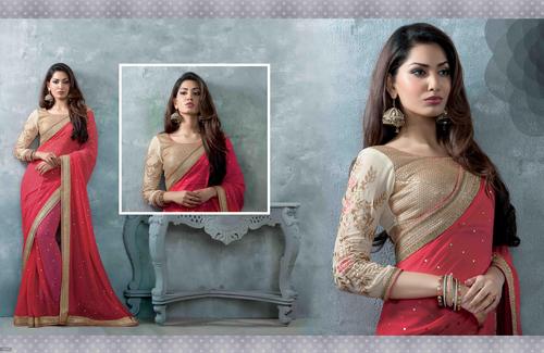 Crazy Look Peach Fully Embroidered Stone Work Saree - Georgette, Net, Jacquard, 5.5 Meters, Fancy Golden Peach, Embroidered Lace Border, Fully Embroidered Blouse