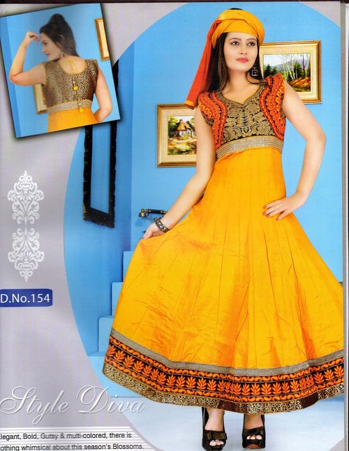 Anarkali Suit - Silk, Medium, Yellow | Elegant Design, Comfortable Fit, Intricate Gold Handwork