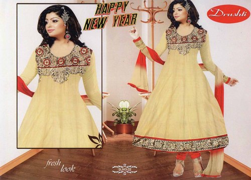 Anarkali Designer Dress - Soft Silk, 54 Inch, Beige | Elegant Design, Comfortable Fit, Intricate Embroidery, Stylish Look