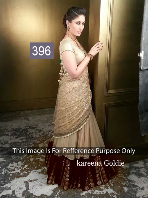 396 - Net + Silk Fabric, Free Size, Golden Color with Embroidered Pattern, Short Sleeves, Washable, Dry Clean Only, Lace Decoration