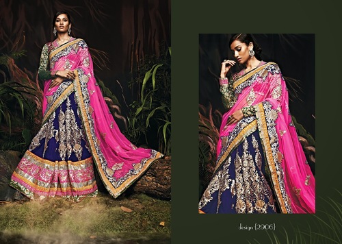 Blue Velvet Lehengas With Matching Pink Duppata For Indian Bridal Collection