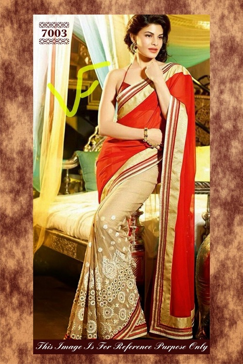 7003 - Georgette, 6.30 Size | Red and Beige Fancy Designer Party Wear Saree, Sleeveless, Embroidered with Laces, Dry Cleanable & Washable