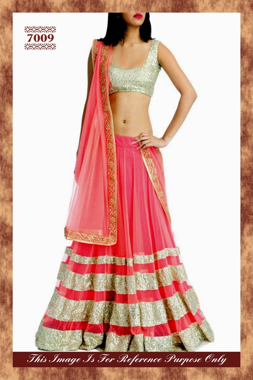 7009 - Net Fabric, Free Size | Pink Colour Stylish Designer Bridal Partywear Lehanga, Silver and Peach Striped Pattern, Sleeveless, Washable, Dry Clean Only