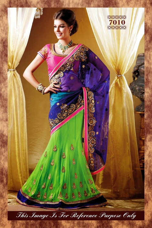 7010 - Net Fabric, Free Size | Blue & Pink Embroidered Lehenga with Short Sleeves, Laces Decoration, Washable, Dry Clean, Fade Resistant