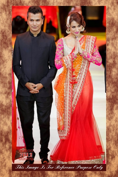 7012 - Net Material, Free Size | Yellow & Orange Stylish Designer Bridal PartyWear Lehanga, Embroidered Pattern, Full Sleeves, Washable, No Fade, Dry Clean
