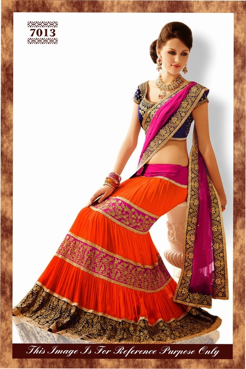 Fancy Designer Bridal Lehanga - Faux Georgette, Free Size | Elegant Purple & Orange Color, Embroidered Hand Work, Washable, No Fade, Short Sleeves