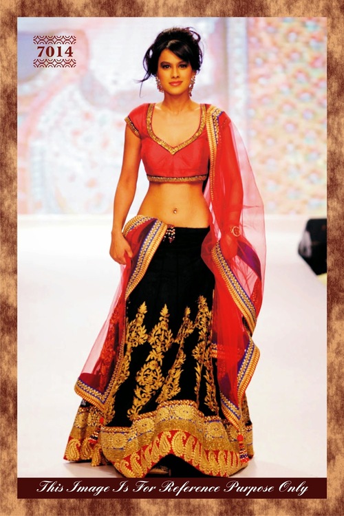 7014 - Georgette & Soft Net, Free Size | Red & Black Embroidered Stylish Designer Bridal Lehanga, Short Sleeves, Washable, No Fade, Dry Clean