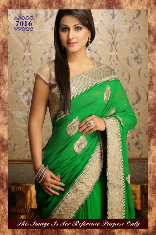 7016 - Georgette, Size 6.30 | Green and Golden Embroidered Designer Bridal Lehanga, Short Sleeves, Washable, Laces, Ethnic Indian Wear
