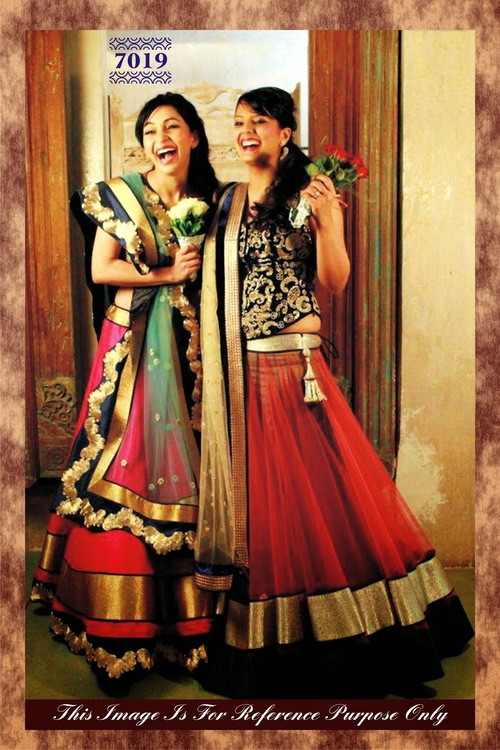 7019 - Net & Velvet Fabric, Free Size, Blue & Red Color | Stylish Designer Embroidered Lehenga with Short Sleeves, Washable and Durable Design