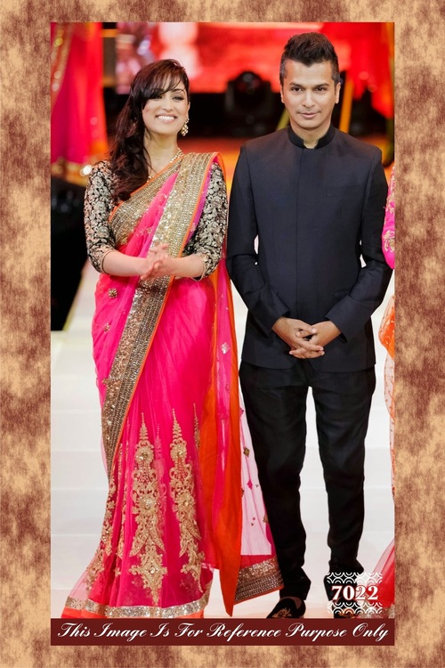 7022 - Net Material, Size: 6.30 | Pink and Golden Embroidered Saree with Full Sleeves, Ideal for Bridal Party Wear, Suitable for All Seasons