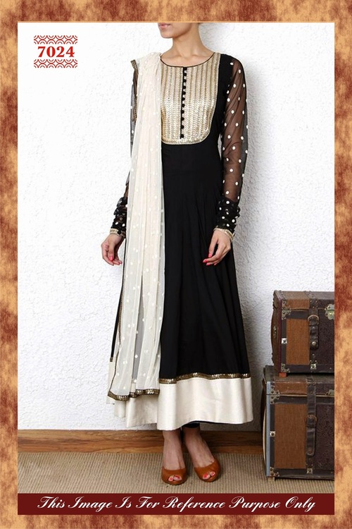 7024 - Georgette Cotton Free Size Salwar Kameez | Black & White Embroidered Anarkali Suit with Full Sleeves, Suitable for All Seasons