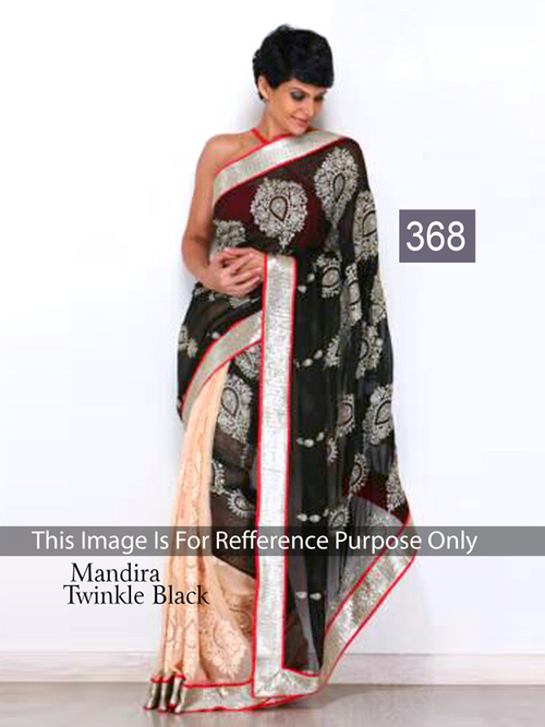 368 - Chiffon & Georgette, 6.30 Feet Length, Black & Cream Designer Saree | Sleeveless, Embroidered Laces, Washable, Dry Clean, No Fade