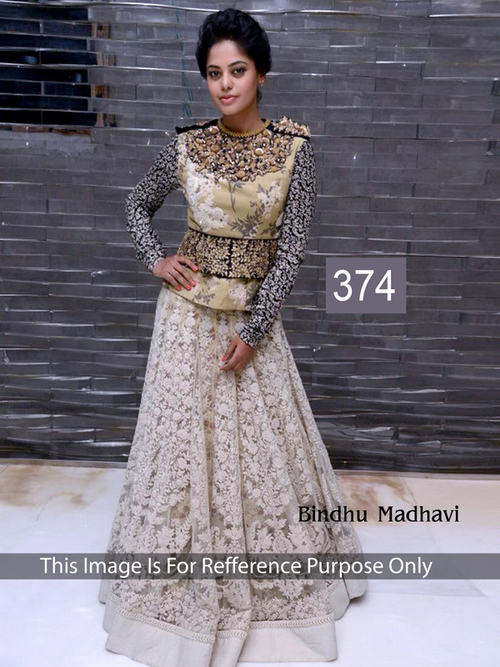 374 - Net and Velvet Material, Free Size, Cream Color | Full Sleeves, Embroidered Pattern, Lace Decoration, All Season Wear, Dry Clean Only