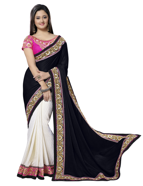 35001 A - Velvet & Jacquard Fabric, Size 6.30 | Black & White Fancy Designer Saree for Party and Wedding Wear, Bollywood Printed Style