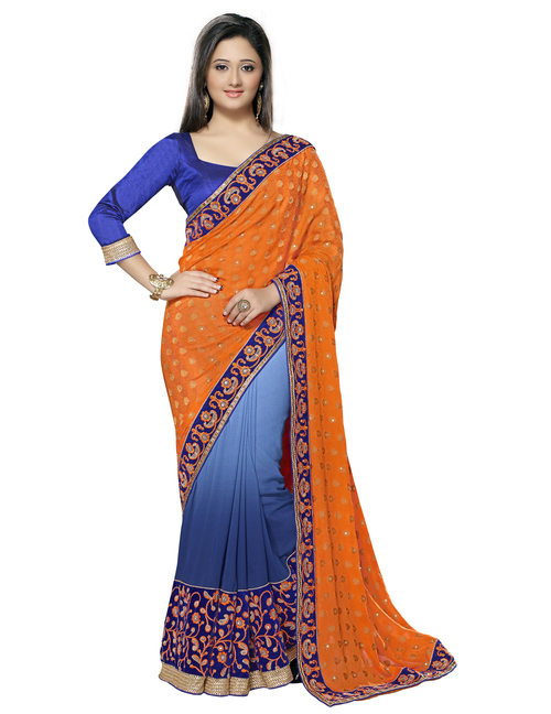 35002 - Jequard Fabric, Free Size | Yellow & Firoji Color Designer Fancy Saree with Embroidered Resam Work for Wedding & Party Wear