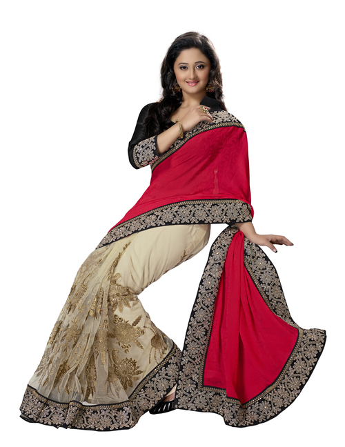 35003 - Jequard & Net Heavy Work Saree, Red & Cream Embroidered Bollywood Style | Perfect for All Seasons: Summer, Winter, Rainy, Spring
