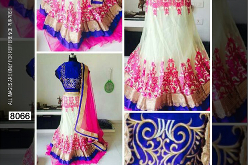 8066 - Net Fabric, Free Size | White, Pink & Yellow Fancy Heavy Work Lehanga, Embroidered Pattern, Short Sleeves, All Season Wear