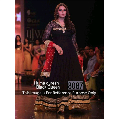 8087 - Georgette + Net, Free Size, Black Designer Embroidered Bridal Anarkali Suit | Full Sleeves, Washable, No Fade, Lace Decoration, All Season