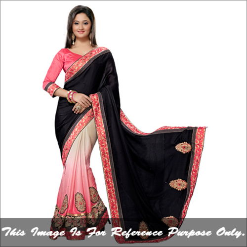 Saree - Georgette + Chiffon, 6.30 Feet | Black & Pink Dotted Designer Fancy Bridal Saree for Party Wear, Bollywood Style, All Seasons