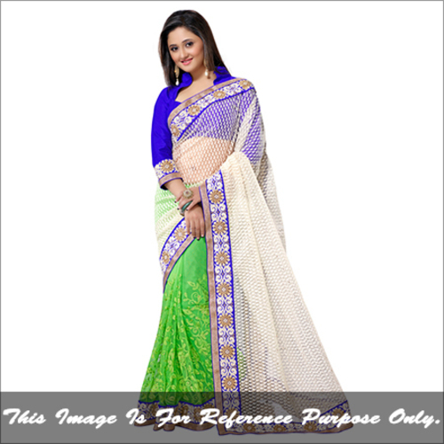 Saree - Jacquard & Net, Size: 6.30, Color: White and Green | Bollywood Style, Embroidered Pattern, Party Wear for All Seasons
