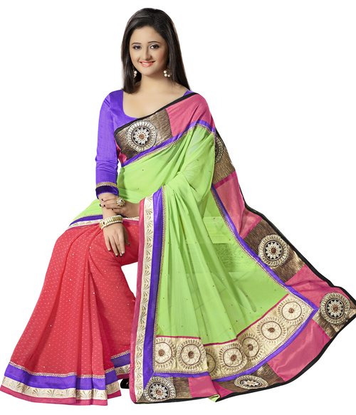 Saree - Jacquard & Chiffon, 6.30 Size | Green & Peach Printed Style for Bollywood, Perfect for All Seasons: Rainy, Spring, Summer, Winter