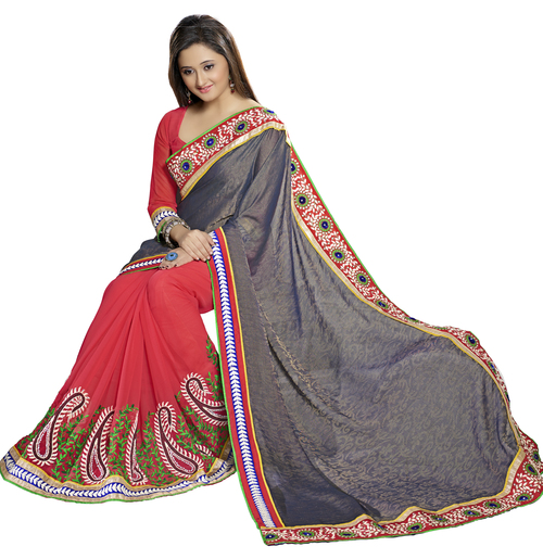 Saree - Jecquard + Chiffon, 6.30 Feet, Grey & Red Printed Designer Fancy Stylish Bridal Saree for Party Wear in All Seasons - Bollywood Style