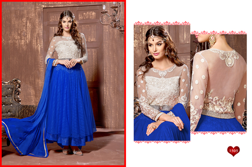 Saree - Soft Net & Jacquard Fabric , Free Size, Blue & Half White Fancy Stylish Party Wear Anarkali Suit with Full Sleeves & Embroidered Pattern