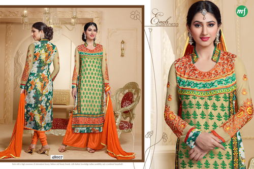 Saree - Kashish Brasso + Naznik Shiffon, Green & Orange Fancy Designer Bridal Churidar Suit, Embroidered, Full Sleeves, Washable, Multi Color, All Season
