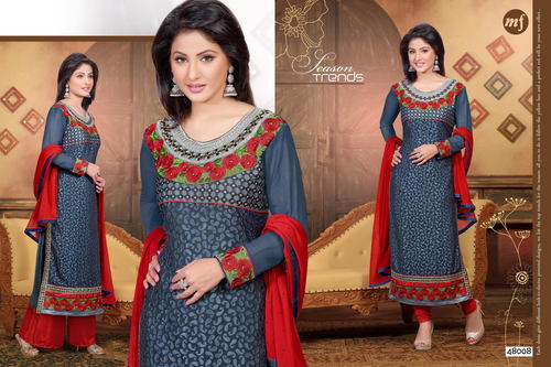 Designer Party Wear, Wedding Wear Fancy Salwar Kameez - Georgette, Plus Size, Dark Grey & Red, Embroidered, Full Sleeves | Summer, Winter, Rainy, Washable, No Fade