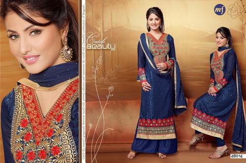 Saree - Kashish Brasso + Naznin Chiffon, Blue Fancy Designer Party Wear Salwar Suit with Full Sleeves, Dry Clean Only, Embroidered Pattern