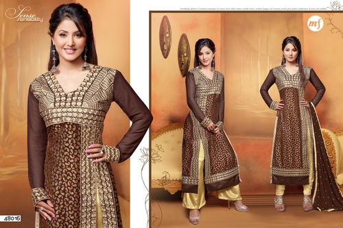 Indian Designer Party Wear Suit - Kashish Brasso & Naznin Chiffon, Brown Plus Size, Breathable, Dry Clean, No Fade, All Season, Printed Design
