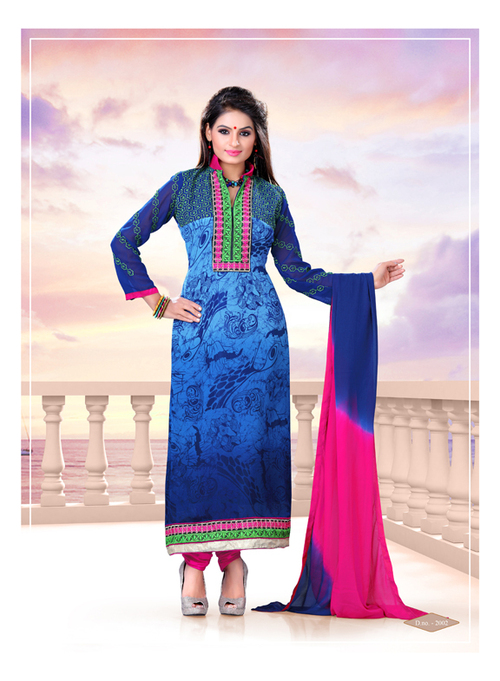 Stylish Casual Fancy Salwar Suit - Georgette, Plus Size | Blue and Pink Color, Full Sleeves, Printed Pattern, All Season, Washable, No Fade