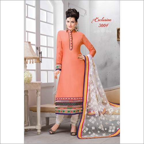 3004 - Glaze Cotton Orange & White Embroidered Salwar Suit with Full Sleeves | Features Chiffon Dupatta, Ethnic Design, Quick Dry, Dry Clean, Washable