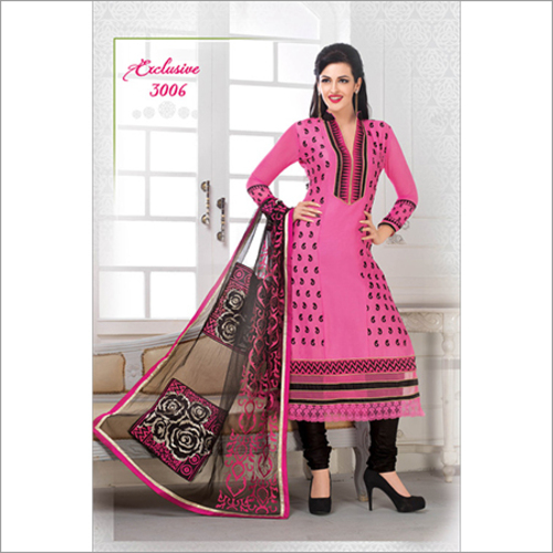 3006 - Cotton Silk Salwar Suit, Pink & Black Color With Embroidered Full Sleeves | Fancy Designer Dress With Chiffon Dupatta, Washable & Dry Cleanable