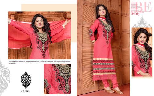 1003 - Poly Cotton, Pink Colour Fancy Designer Stylish Party Wear Salwar Suit with Embroidery Work, Breathable and Washable Full Sleeves