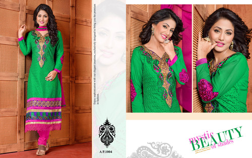 1004 - Poly Cotton, Green & Pink Fancy Designer Party Wear Salwar Suit | Full Sleeves, Stylish Embroidery Work, Breathable & Washable