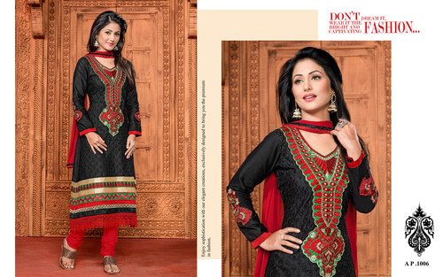 1006 - Poly Cotton Black & Red Fancy Party Wear Salwar Suit, Designer Embroidery Work, Full Sleeves, Quick Dry, Washable, Breathable