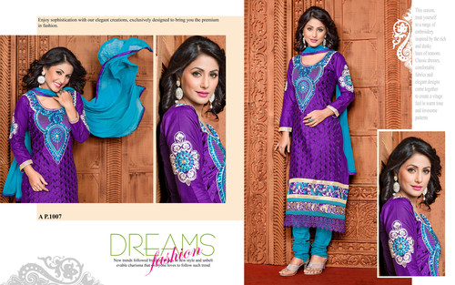 1007 - Poly Cotton, Blue Colour Party Wear Designer Salwar Suit | Full Sleeves, Embroidered Pattern, Breathable and Washable Features