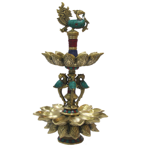Bronze Oil Lamp with Peacocks and Stone Inlay work